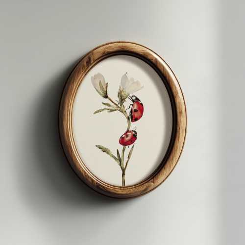 Vintage Ladybug Botanical Wall Art Print, Red Ladybird Insect Illustration, Cottagecore Nature Decor, Minimalist Farmhouse Artwork