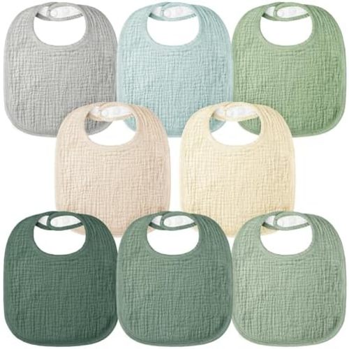 Bearmoss Baby Muslin Drooling Bibs 100% Cotton Square Adjustable Bibs Gift for Baby Girls Boys Teething Drool 8 Pack