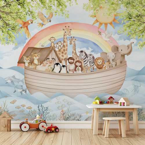 Noah’s Ark Nursery Wallpaper Safari Animals Peel and Stick Wall Mural Watercolor Jungle Animals Wall Art Kids Room Mural