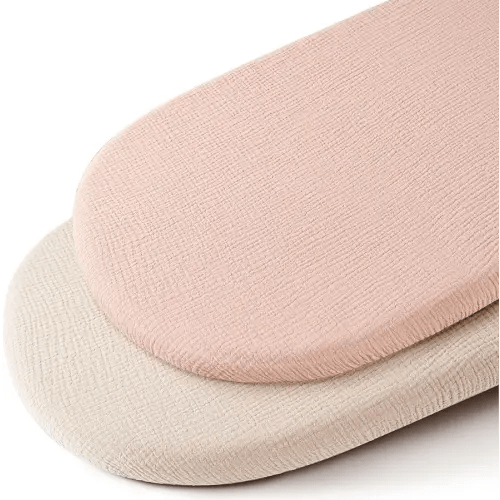 Konssy 2 Pack Muslin Fitted Bassinet Sheets for Girl Boy, Soft Breathable Baby Bassinet Sheets Fit for Baby Bassinets, Cradle, Moses Basket Oval Rectangle Pad/Mattress (Pink,Summer Wheat)