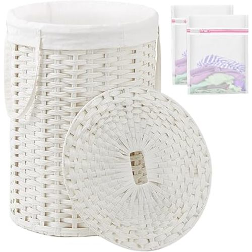 Laundry Basket with Lid Round Rattan Laundry Hamper with Lid and Handles 29.1 Gal (110 L) Handwoven Woven Basket with Removable Bags and 2 Mesh Bags for Bathroom Living Room White