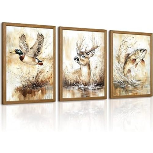 Vintage Animal Wall Art Baby Boy Room Canvas Wall Decor Farmhouse Animal Posters Kids Nursery Hunting Art Prints Rustic Deer Fish Pictures Mallard Duck Painting for Bedroom 12x16x3 Inch Framed