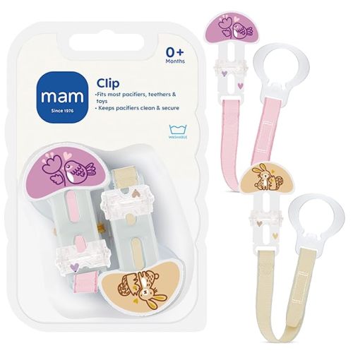 MAM Universal Pacifier Clip Fits All Pacifiers & Teethers, 0+ Months, 2 Pk | Pacifier Holder Strap with One Hand Sliding Clip, Fits All Pacifiers & Teethers, Soft Ribbon Strap, BPA Free, Made In Europe