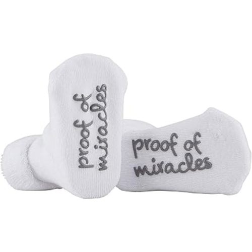 Stephan Baby Non-Skid White Socks with Inspirational Phrases, Proof of Miracles, Fits 3-12 Months
