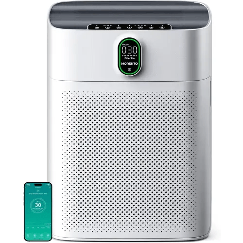 MORENTO Smart Air Purifier for home Large Rooms up to 1076 ft², Wi-Fi and Alexa compatible, PM2.5 Air Quality Display, Auto Mode, Quiet Mode 24dB, HEPA Filter Removes Dust, Pollen, Smoke (White)