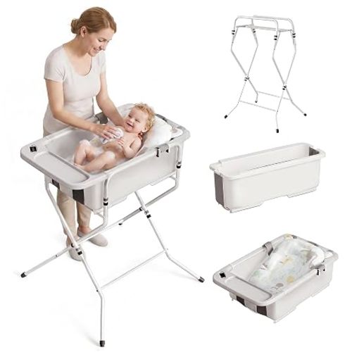 Collapsible Baby Bathtub with Stand - Big Baby Bath Tub with Thermometer | Parents Spine Save Infant Baby Tub Foldable Newborn Toddler Bathtub for Baby Girl Boy 0 to 36 Months White