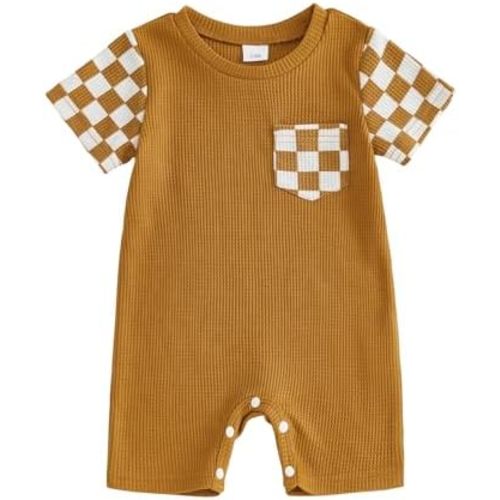 Newborn Baby Boy Summer Outfit Romper Short Sleeve Plaid Print Patchwork Jumpsuits Cute Infant Waffle Clothes