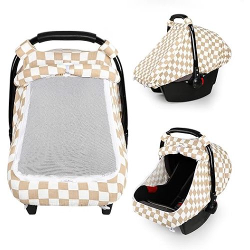 DILIMI Car Seat Covers for Babies, Muslin Cotton Baby Car Seat Cover with Breathable Mesh Window, Summer Infant Car Seat Canopy for Boys Girls Newborn, Brown Plaid