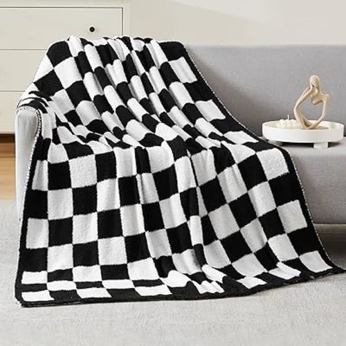 WRENSONGE Checkered Throw Blanket, Black and White Soft Cozy Fluffy Warm Hand Made Throw Blankets for Couch, Sofa, Chair, Bed, Camping, Picnic, Travel Lightweight Bed Blanket - 50"*70"