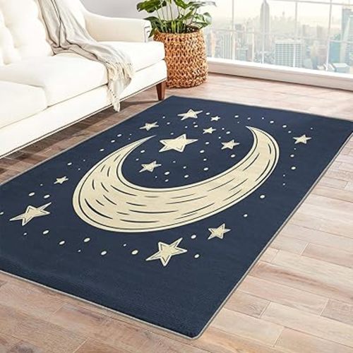 Moon and Stars Rug & Home Decor - Washable Rug 5x6 - Kids Nursery Rugs for Living Room Bedroom - Non Slip Soft Indoor Large Area Rug - Starry Sky Carpet - Moon and Stars Room Decor