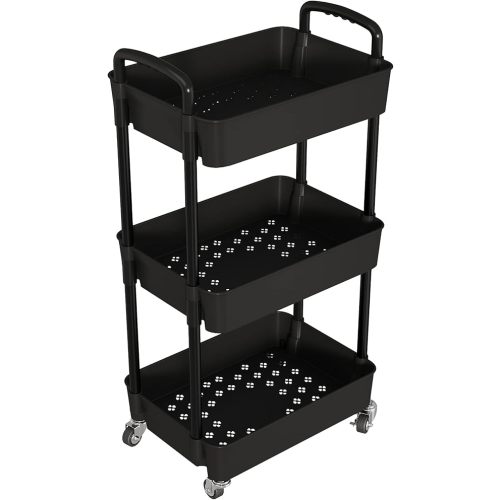 3-Tier Kitchen Storage Cart,Multifunction Utility Rolling Storage Organizer,Mobile Shelving Unit Cart with Lockable Wheels for Bathroom,Laundry,Living Room,With Classified Stickers,Black
