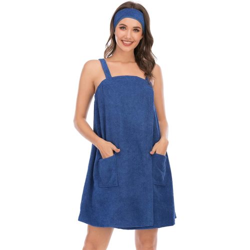 Veseacky Women Bath Wrap Towel for Womens Shower with Pocket Adjustable Spa Robe & Facial Headband