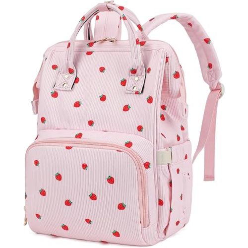 Baby Diaper Bag Backpack for Mom, Large Capacity Travel Nappy Bag for Boys & Girls with Stroller Straps (Corduroy Strawberry)