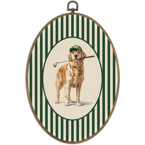 SHQIEUDH Golden Retriever Oval Wall Art, Golden Retriever Golf Framed Canvas Prints Artwork, Green Striped Oval Wall Hanging Decor for Living Room Home Bedroom Kitchen, 8.6x11.4In