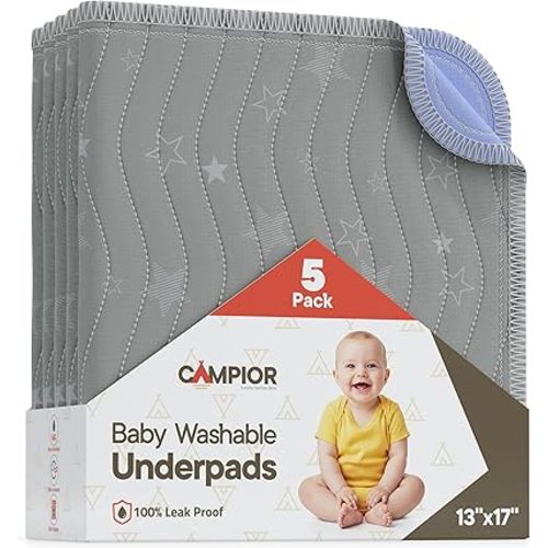 Washable Underpads Small 17"x13" (Pack of 5) – Reusable Waterproof Bed Pad for Babies & Kids, Extra Absorbent Bedwetting Protection, Soft Non-Slip TPU Backing, Machine Washable, Grey