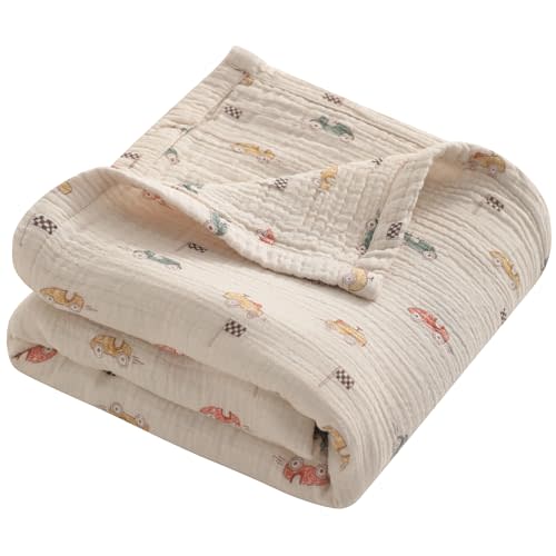 NTBAY Muslin Toddler Blanket, 4-Layer, 30x40 Soft and Breathable Receiving Blanket for Newborns and Infants, Crib Stroller Travel Use, Retro Race Car
