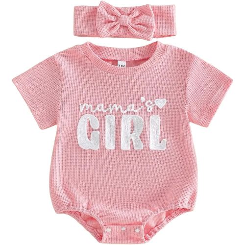 Polinkety Infant Baby Girl Summer Outfit Crew Neck Short Sleeve Mama Girl Bubble Romper Jumpsuit Cute Newborn Waffle Clothes (Mama's Girl Pink, 0-3 Months)