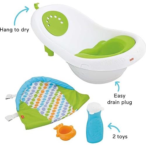Fisher-Price Baby to Toddler Bath 4-In-1 Sling ‘N Seat Tub with Removable Infant Support and 2 Toys, Green