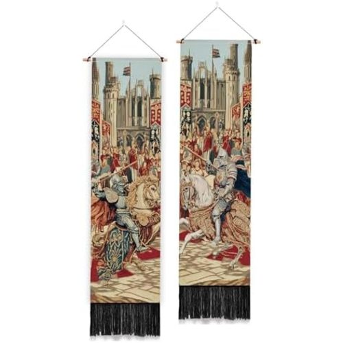 PLIGREAT 2 Pack Medieval Jousting Knights Wall Tapestry Vintage Long Wall Hanging with Tassels Decorative Aesthetic Vertical Tapestry for Bedroom Living Room Home Decorations, 52 x 13 Inch