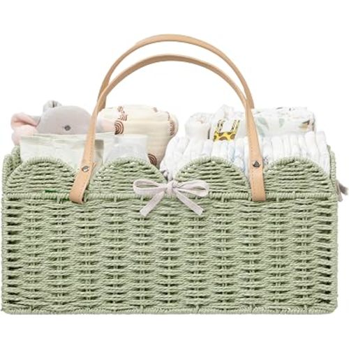 HBlife Large Baby Diaper Caddy, Paper Rope Scalloped Storage Baskets Nursery Bin with Removable Divider, Portable Car Organizer for Diapers, Baby Shower Gifts, Newborn Essentials Must Haves, Green