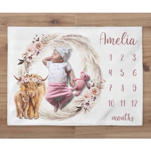 Boho Milestone Blanket, Custom Highland Cow Girl Blanket, Personalized Pampas Leaves Baby Month Blanket, Newborn Gift, Boho Baby Shower Gift