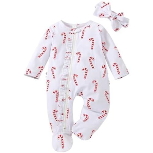 Baby Christmas Romper Jumpsuit Newborn Infant Girl Boy Long Sleeve Candy Cane Print Zipper Onesie Clothes