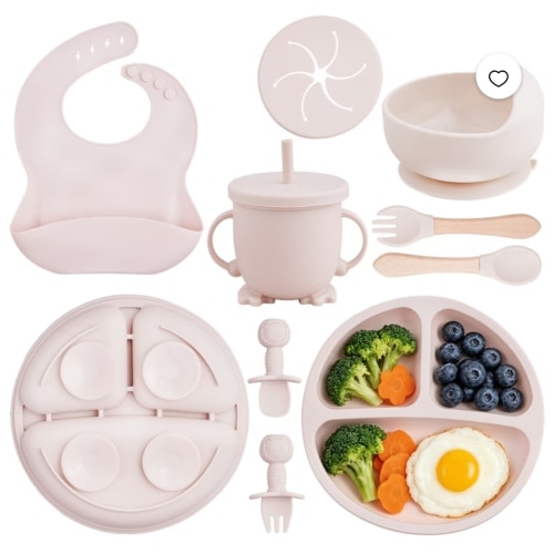 Lumikrypt Juego de Alimentación para Bebé de Silicona, 9 Pzas de Utensilios para Destete Guiado por el Bebé, Tazón con Succión para Bebé, Platos, Babero, Juego de Cucharas, Vaso con Popote, Juego de Suministros para Autoalimentación Del Bebé (Beige)