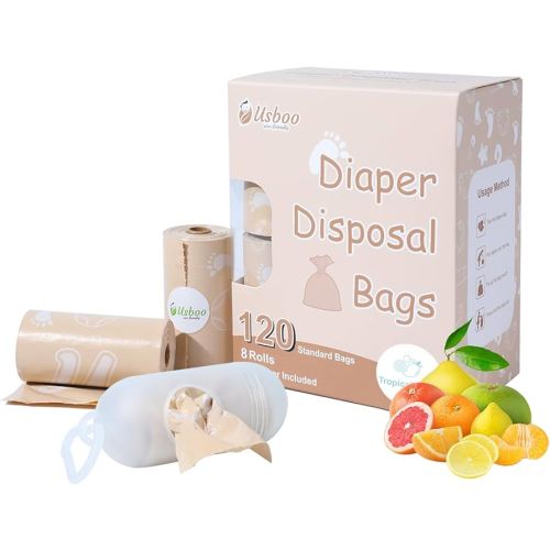 Diaper Bags Disposable for Baby, Biodegradeable Dirty Diaper Bags (8 Refill Rolls/120 Bags) with Dispenser, Leak Proof Diaper Trash Bags, Baby Poop Bags, Tropical Fruit Scent