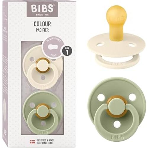 BIBS Pacifiers Colour Collection | Natural Rubber Baby Pacifier | Round Nipple | Set of 2 BPA-Free Soothers | Made in Denmark | 0+ Months (Pack of 2) | Sage/Ivory