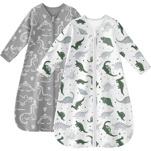 Baby Sleep Sack 18-24 Months 100% Cotton Long Sleeve Wearable Blanket Baby Sleep Bag with 2-Way Zipper 2 Pack 0.5 Tog Sleeping Sack for Newborn Infant Gray White Dinosaur