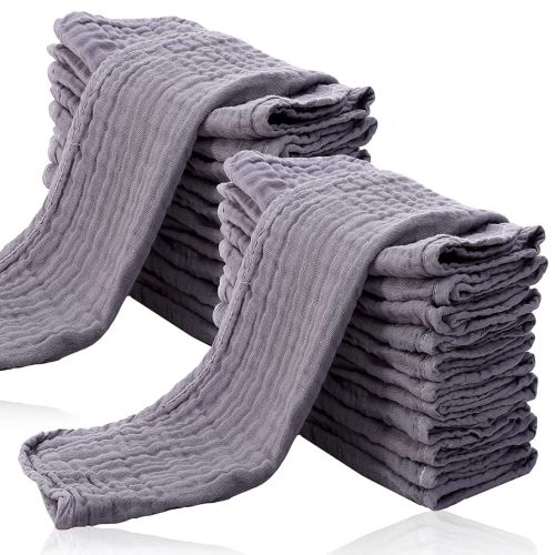 24 Pack Muslin Burp Cloths for Baby - Ultra-Soft 100% Cotton Baby Washcloths - Large 20'' by 10'' Super Absorbent Milk Spit Up Rags - Burpy Cloths for Unisex, Boy, Girl - Grey