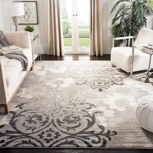 SAFAVIEH Area Rug 8x10 - Adirondack Collection - Large - Silver & Ivory, Floral Glam Damask Design, Non-Shedding & Easy Cleaning, Ideal for Living Room, Bedroom, Office, Dining Space (ADR114B)