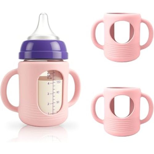 2-Pack Silicone Sleeves for New Lansinoh & Pigeon Glass Baby Bottle, BPA-Free Drop-Resistant Baby Bottle Sleeves with Handles, Compatible with New Lansinoh & Pigeon Glass Bottles (5 oz)
