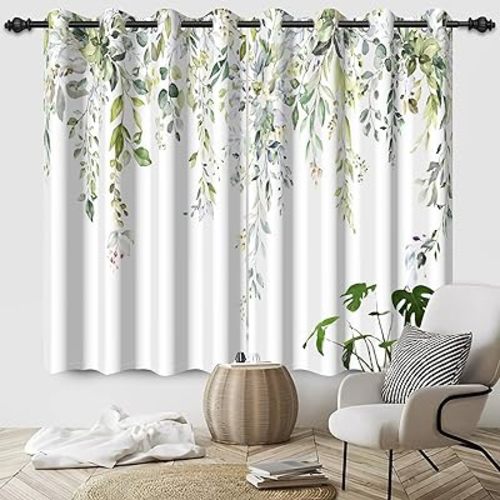 Green Eucalyptus Leaves Curtains Watercolor Floral Spring Botanical Natural Leaf Window Drapes 2 Panel Set for Modern Art Living Room Bedroom Decorative, 26x63 Inches