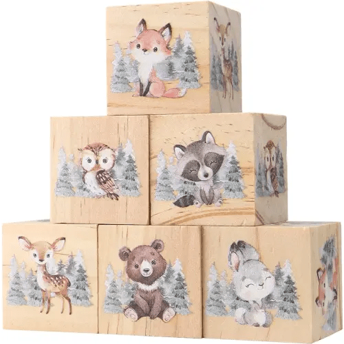 6 Pcs Woodland Animal Nursery Decor Blocks Wooden Shelf Decor for Baby Nursery Room Kids Bedroom