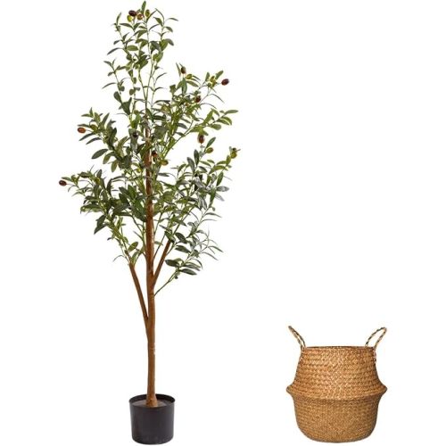 4Ft Artificial Olive Tree with Moss & Basket - Indoor Tall Faux Olive Tree in Planter, Large Fake Olive Silk Tree with Realistic Branches and Fruits for Home Decor, Office, Living Room