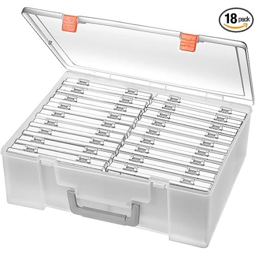 Gbivbe Photo Storage Box 4" x 6", 18 Inner Photo Case Extra Large Photo Organizer Acid-Free Photo Box Keeper Storage Case, Plastic Craft Storage Box for Stickers Stamps Seeds (18 Boxes, Clear)