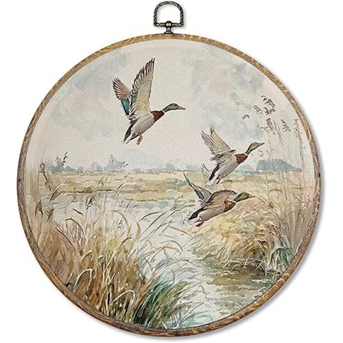 Sufamb Vintage Mallard Duck Round Wall Art Decor, Rustic Farmhouse Canvas Artwork Framed, Retro Country Cottage Duck Wall Hanging Prints Decorations for Home Living Room Bedroom Decor, 10x10 Inches