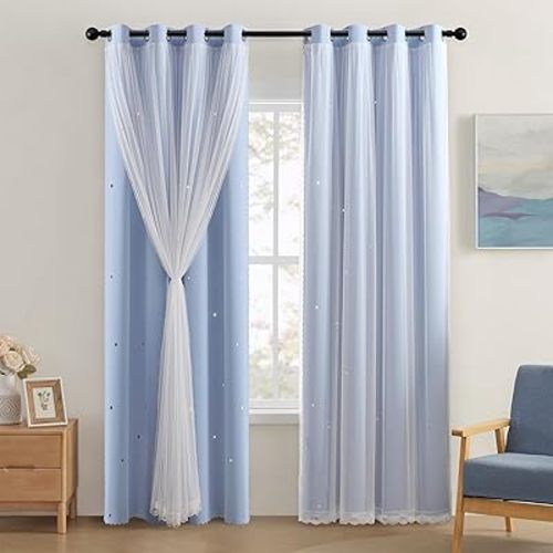 XiDi Sky Blue Blackout Curtains for Girls Bedroom Living Room 72 Inches Long 2 Panels Star Curtains Boys Kids Room Darkening Thermal Insulated Drapes Grommet Noise Reduction Window Treatments 34x72