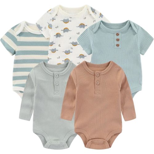 Ruliby Newborn Baby Romper 5 Pack Ribbed Bodysuit One-Piece Outfit Clothes Layette Sets 0-12 Month