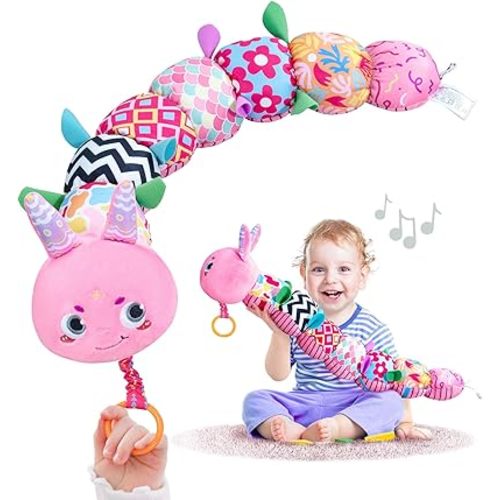 Infinno Baby Musical Stuffed Sensory Toys for Girls and Boys, Infant Soft Security Toys for Newborns 0-3-6-12 Months with Crinkle and Rattles, Caterpillar, Pink