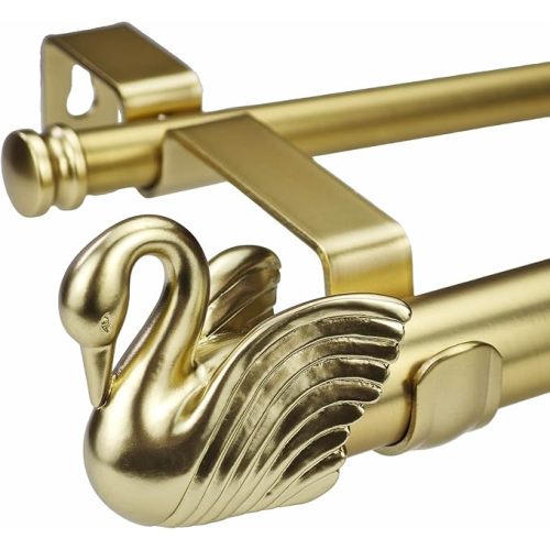 1-1/8 Inch Diameter Brushed Gold Curtain Rods with Swan Finial, 36-72'' Telescoping Double Curtain Rods for window width 24-68 inch, 1 pack