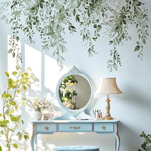 Olive Green Plants Leaves Wall Decals Peel and Stick, Large Floral Flowers Vinyl Wall Stickers, Removable Vine Home Decor Art for Bedroom Living Room Classroom Office