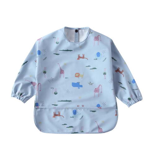 ZACPNCV Long Sleeve Baby Bib Elastic Cuffs for Comfort Large Catch-All Pocket Waterproof Recycled Polyester - Durable Baby Smock Bib for Mealtime Blue 6-12 Months