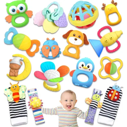 AZEN 16 Pack Baby Rattles Teething Toys 3-6 Months, Baby Toys 0-6 Months, Newborn Infant Toys 6-12 Months, Essentials Must Haves Wrist Socks Toddler Stocking Stuffers Christmas Gifts