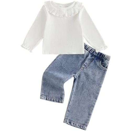 Adobabirl Baby Girl Fall Clothes Toddler Outfit Ruffle Ribbed Long Sleeve Shirt and Jeans Denim Pants Set 2 Piece Clothing