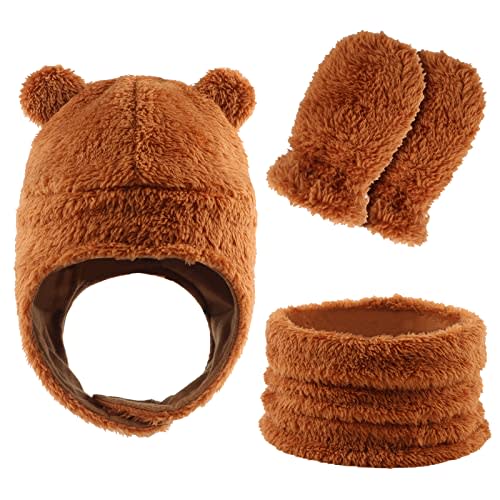 Fleece Baby Hat Scarf Mitten Set Winter Toddler Beanie Warm Mittens Infant Scarves Ears Earflap Hats for Baby Boys Girls