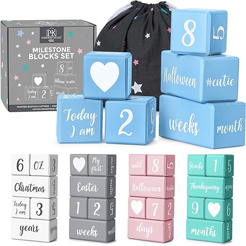 Blue Baby Monthly Milestone Blocks. Baby Age Blocks for Girl or Boy Baby Photo Props and Baby Shower. Month Baby Milestone Blocks with Grammatically Correct Month and Year