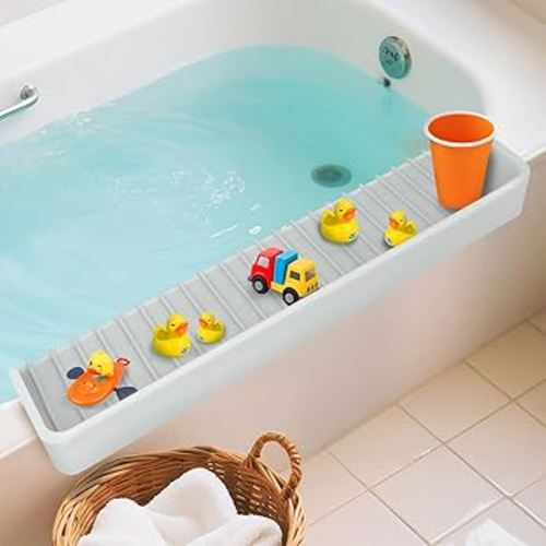 QURAS Bathtub Splash Guard for Kids – 31.5 Inch Silicone Tub Ledge Shelf with Suction Cups, Keeps Bath Toys Organized & Bathroom Floors Dry, Safe Anti-Slip Water Guard for Toddlers, Grey