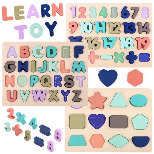 Kesletney Wooden Puzzles for Toddlers, Alphabet Number Shape Puzzles Learning Toys for Boys Girls Ages 3-6 Years